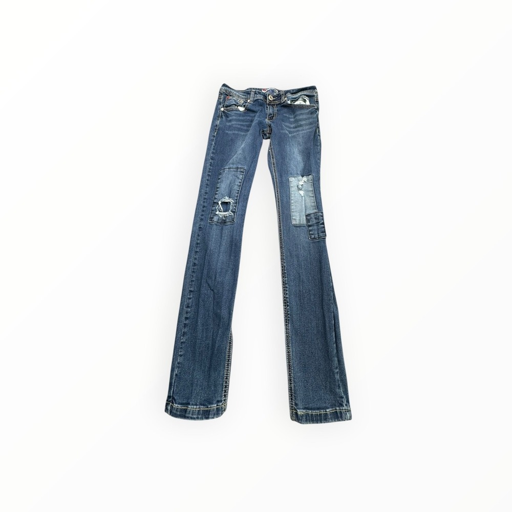 What About Me Jeans Bootcut Womens 7/8 Blue‎ Patchwork Distressed Stretch Denim